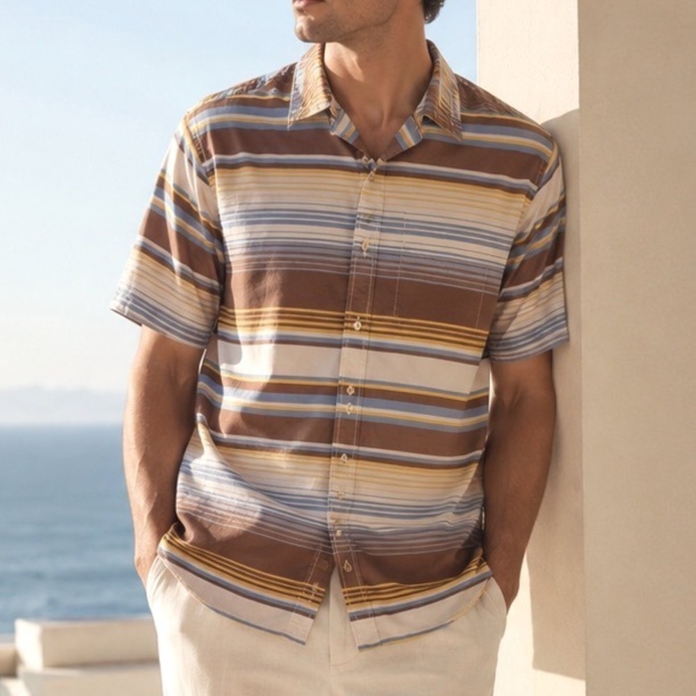 KAVU Mens Short Sleeve Button‎ Down Shirt Brown Blue Striped Performance M A4